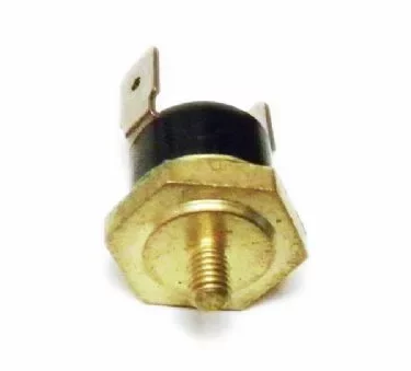 A close-up of the Isomac 000229 Thermostat 145 d C, a metal automotive temperature sensor featuring a hexagonal base, threaded shaft, and two flat electrical terminals at the top, isolated on a white background. © 2025 1st-line.com