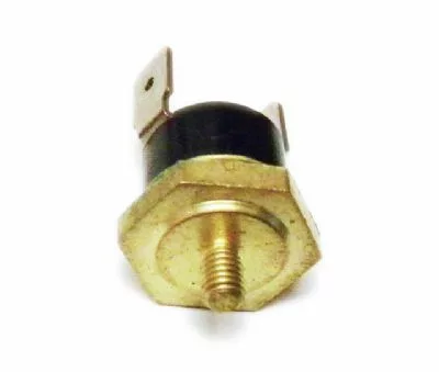 A close-up of the Isomac 000229 Thermostat 145 d C, a metal automotive temperature sensor featuring a hexagonal base, threaded shaft, and two flat electrical terminals at the top, isolated on a white background. © 2025 1st-line.com