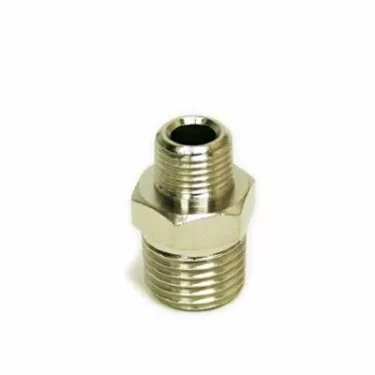The Isomac 000206 1/8 x 1/4 Reducer for Pressurestat Pipe - Mondiale is a silver metal hexagonal fitting with external threads on both ends, designed to connect two pipes or hoses. It stands upright on a white background. © 2025 1st-line.com