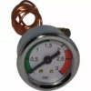 The Isomac 000228 Brew Pressure Gauge-3 bar for Tea Electronic features a chrome rim, displays 0–4 bar with green, white, and red zones on the dial, a needle at about 2 bars, and includes a coiled copper tube at the back. © 2025 1st-line.com