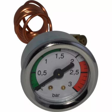 The Isomac 000228 Brew Pressure Gauge-3 bar for Tea Electronic features a chrome rim, displays 0–4 bar with green, white, and red zones on the dial, a needle at about 2 bars, and includes a coiled copper tube at the back. © 2025 1st-line.com