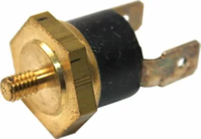 Close-up of the Isomac 000281 Coffee Thermostat - 100 degree No. 30, showing its brass and black design, threaded metal stud, and two flat connector terminals. © 2025 1st-line.com