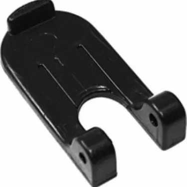 The Isomac 000299 Holder for Filter Basket/Cup on Portafilter No. 46 is a black plastic u-shaped clip with dual holes at each end and a rounded top, designed to securely hold filter baskets or cups in place. © 2025 1st-line.com