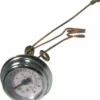 The Isomac 000318 Brew/Pump Pressure Gauge features a round metal casing and a dial showing pressure in psi and bar, connected to the device by coiled copper tubing extending from its back. © 2025 1st-line.com