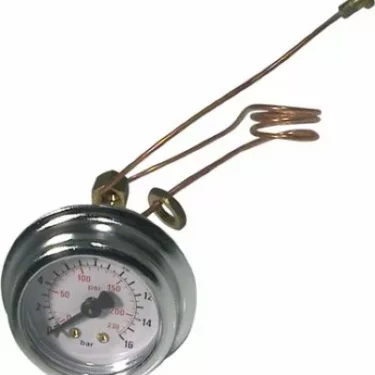 The Isomac 000318 Brew/Pump Pressure Gauge features a round metal casing and a dial showing pressure in psi and bar, connected to the device by coiled copper tubing extending from its back. © 2025 1st-line.com