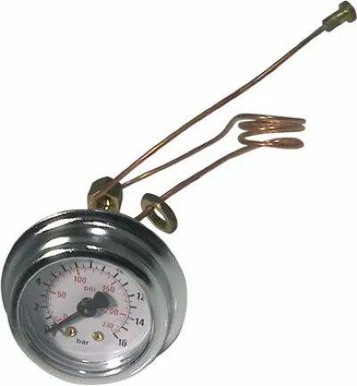 The Isomac 000318 Brew/Pump Pressure Gauge features a round metal casing and a dial showing pressure in psi and bar, connected to the device by coiled copper tubing extending from its back. © 2025 1st-line.com