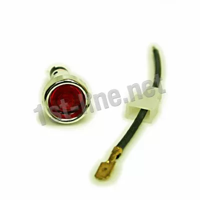 The Isomac 000584 Red Light for Isomac Relax, Tea features a chrome rim and is shown beside a black wire with gold connector and white base—perfect as a replacement part for your Isomac Relax tea machine. © 2025 1st-line.com