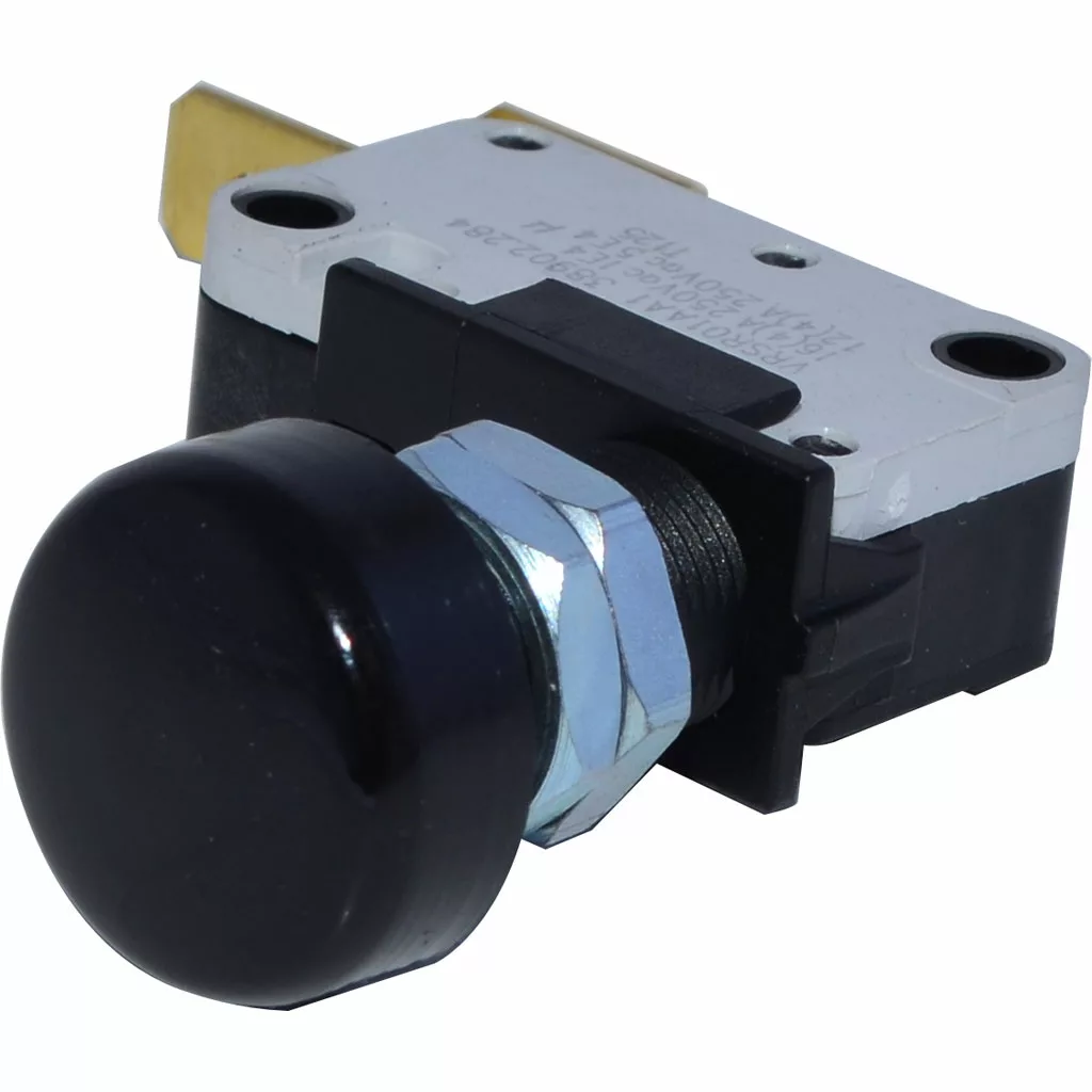 A close-up of an Isomac 000770 Microswitch for Water Tank/Reservoir No. 31, featuring a black round button, metal hex nut, and a rectangular silver and black base with two screw holes. © 2025 1st-line.com