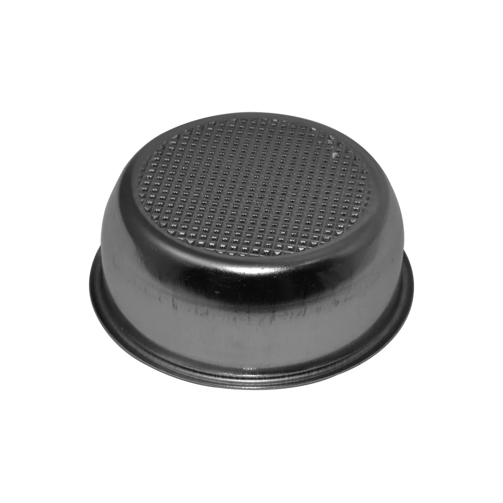 An Isomac 000745 2-Cup Filter Basket, made of metal and shown upside down to display its textured, grid-patterned bottom, is set against a white background. © 2025 1st-line.com