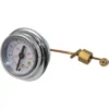 Isomac 000756 Pressure Pump Gauge with a round metal case, white numbered dial, red/black indicators, and attached copper tube with brass fitting on the right side. © 2025 1st-line.com