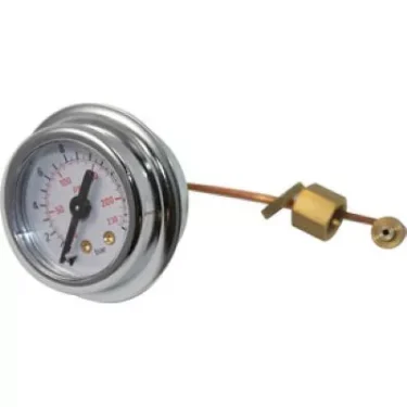 Isomac 000756 Pressure Pump Gauge with a round metal case, white numbered dial, red/black indicators, and attached copper tube with brass fitting on the right side. © 2025 1st-line.com