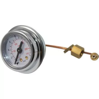 Isomac 000756 Pressure Pump Gauge with a round metal case, white numbered dial, red/black indicators, and attached copper tube with brass fitting on the right side. © 2025 1st-line.com