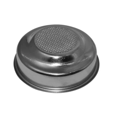 The Isomac 000744 1 Cup Filter Basket/Cup is a round, metallic filter with a perforated mesh top, designed to hold coffee grounds during espresso brewing. © 2025 1st-line.com