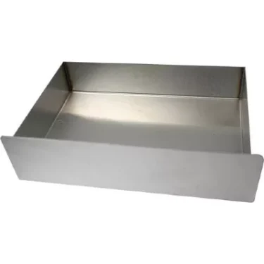 The Isomac 000776 Drip Tray (scratched) is a rectangular stainless steel drawer with high side and back walls and a shorter front panel, displayed on a plain white background. © 2025 1st-line.com