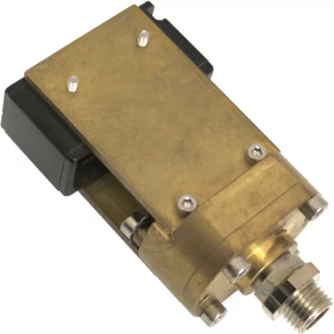 A brass and metal RF component featuring a rectangular black connector and threaded coaxial fitting, secured by screws, for radio frequency use—compatible with the OEM Olympia Pressurstat system. © 2025 1st-line.com