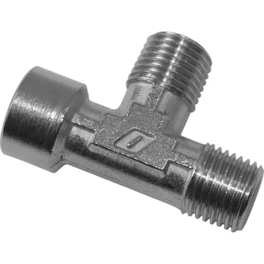 The Nuova Simonelli 07300116 T-Fitting - 1/4, M-M-F is a metal, threaded T-shaped fitting that securely connects three pipes or hoses and features a shiny silver finish with detailed grooves. © 2025 1st-line.com