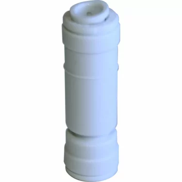 The JG 1/4 Check Valve Acetal is a white, cylindrical plastic inline water filter cartridge with connector ends, displayed against a plain background. © 2025 1st-line.com