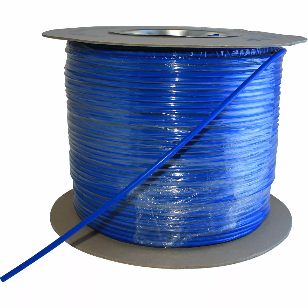 A length of JG 1/4 Polyethylene Tubing Blue / Per. Foot is coiled around a cardboard reel, with one end extending outward from the roll. © 2025 1st-line.com