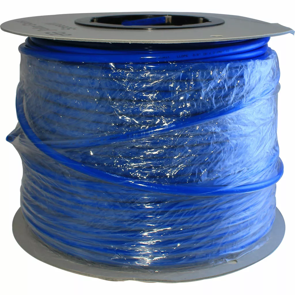 The JG 3/8 Polyethylene Tubing Blue / Per. Foot comes coiled on a large reel with metal flanges, wrapped in protective plastic. © 2025 1st-line.com