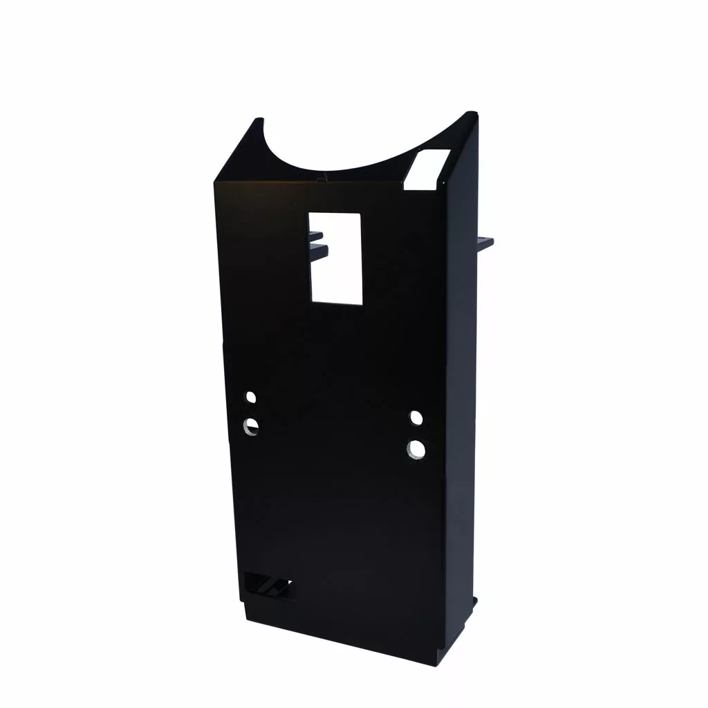 A black, rectangular arcade cabinet shell resembling the Rancilio 21202376 Black Face Support Frame for Rancilio Rocky Doser Espresso Coffee Grinder, with screen, control, and button cutouts set against a plain white background. © 2025 1st-line.com