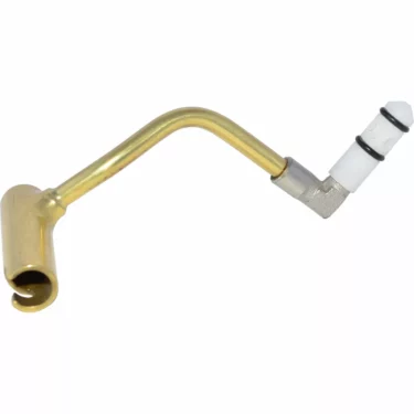 The La Pavoni 211P-28BCA Steam Tube in Brass for Capp Auto is a gold-colored, bent metal tube with a white cylindrical tip and two black O-rings, designed as a specialized plumbing component for cappuccino machines. © 2025 1st-line.com