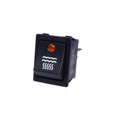 The Rancilio 34030029 Hot Water Switch is a black rocker switch with an orange indicator light and white wavy-line icon, typically used for hot water or heating elements. The image shows its angled side connectors. © 2025 1st-line.com