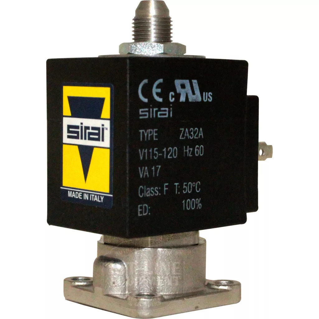 A close-up of a Rancilio 34040150 110V 3-Way Solenoid Valve shows its technical specs and certification marks on the black rectangular casing, with a metal base, threaded connector, and compatibility with 110V Rancilio machines. © 2025 1st-line.com