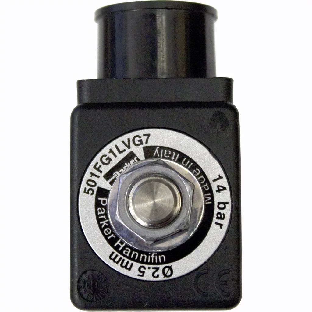Close-up of a black industrial pressure sensor marked 14 bar, 501FG1LVG7, Ø2.5 mm, with Parker Hannifin branding and a metallic center, shown beside the Rancilio 34040134 Solenoid Valve - 2 way, 110v. © 2025 1st-line.com