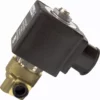 The Rancilio 34040134 Solenoid Valve is a 2-way, 110v valve featuring a brass and black finish, square black coil housing with electrical connector, and a threaded metallic valve body. © 2025 1st-line.com