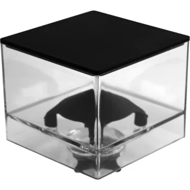 A transparent cube display case with a central black stand and lid, perfect for showcasing products such as the Eureka 5204.0000 Bean Hopper - 250g, with lid. © 2025 1st-line.com