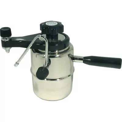 The DISCONTINUED Bellmann 3-6-9 CUP StoveTop S/S Espresso & Cappucino Maker #55 has stainless steel construction, a black handle, knob, and lever, a pressure gauge on top, and a handy pouring spout. © 2025 1st-line.com