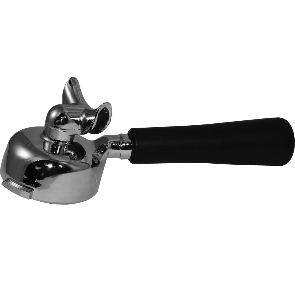 The Bezzera 5965606R 2-Cup 58mm Portafilter, made of stainless steel with a black handle, is shown on a white background and is designed to deliver perfect espresso shots. © 2025 1st-line.com