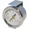 The Bezzera 7432523 Pump Pressure Gauge is a round analog gauge with a chrome border, marked 0–16 bar, needle at 10 bar, POMPA on the white face, and comes mounted in a metal bracket. © 2025 1st-line.com