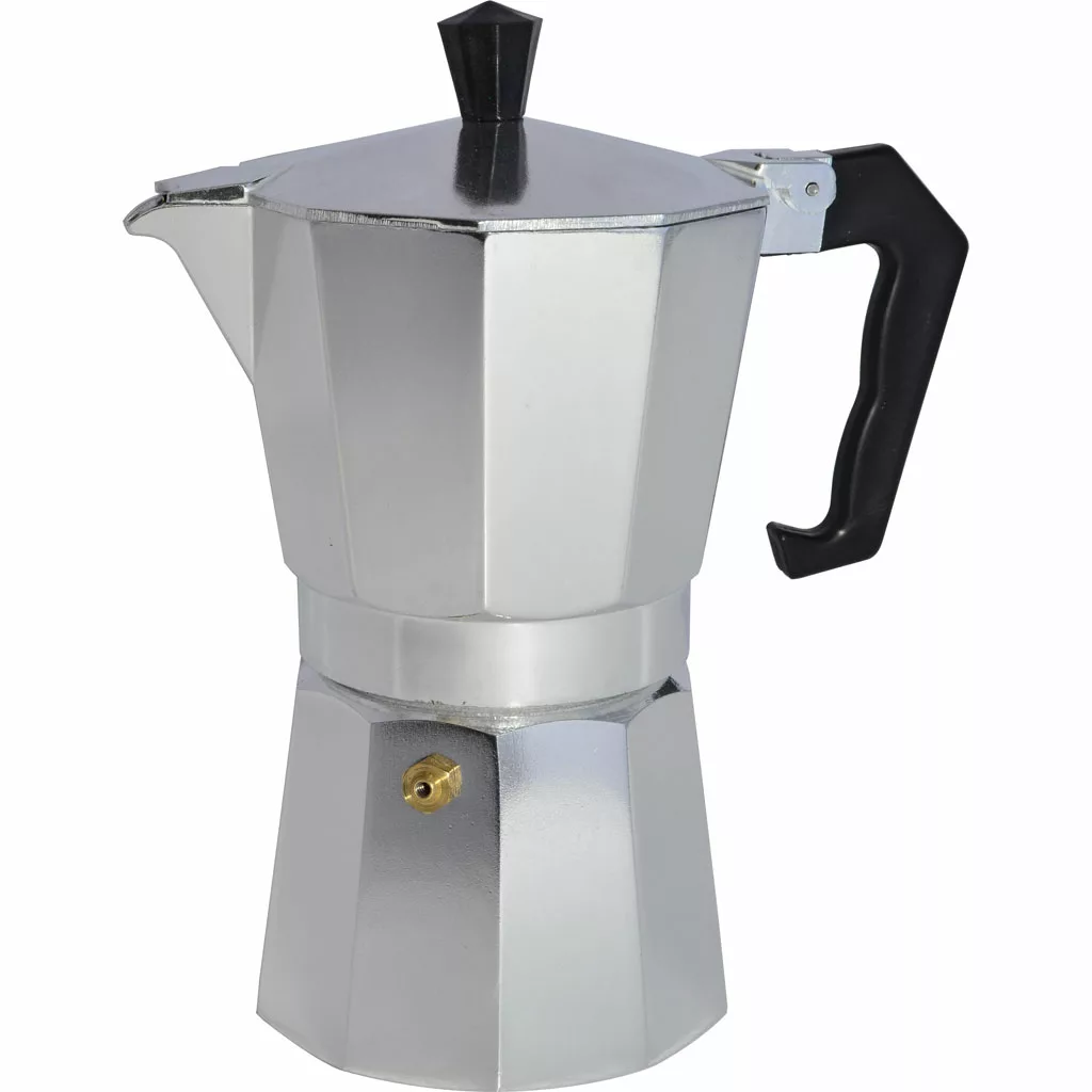 The DISCONTINUED - Frabosk Aluminum Stovetop 6-Cups Espresso Coffee Maker, a silver moka pot with a black handle and knob, is displayed against a white background. © 2025 1st-line.com
