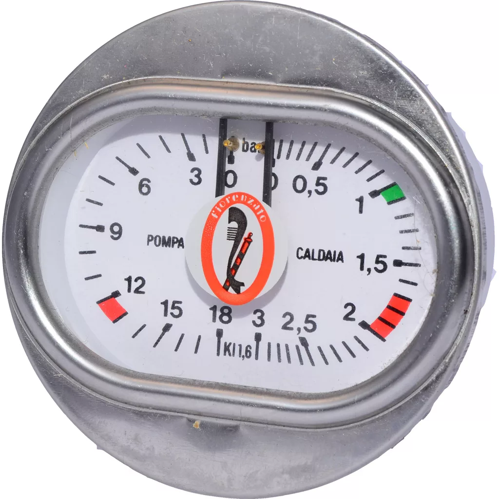 A close-up of the Fiorenzato A1400019 Pressure Gauge Fenice displays a 0–4 bar scale, green and red zones, “POMPA” and “CALDAIA” labels, and the “Rutrionic” brand on its face. © 2025 1st-line.com