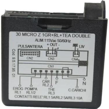 Gicar A1500055 Brain Unit - 9.5.17.95 - Fiorenzato features a white label with Italian/English wiring diagram, connector labels (CN1–CN4), voltage specs, and relay contact info. © 2025 1st-line.com