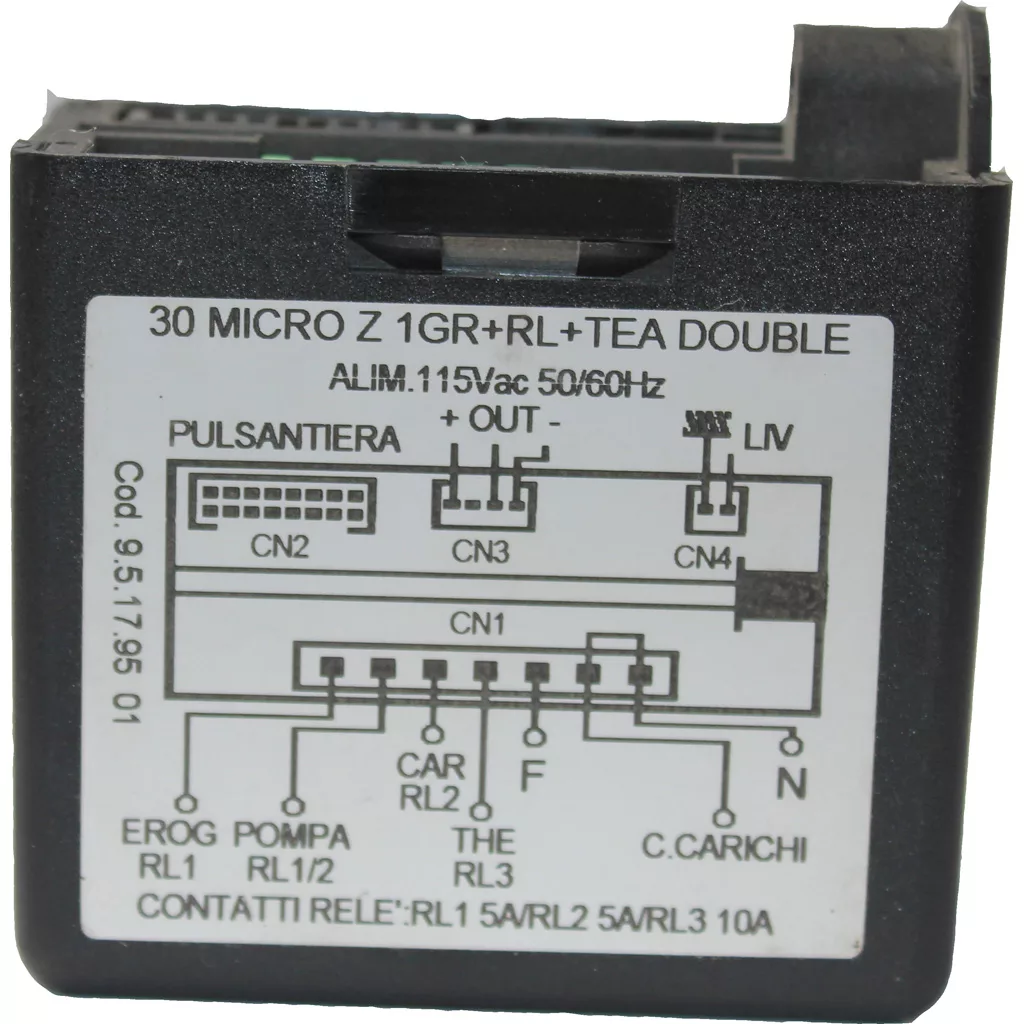 Gicar A1500055 Brain Unit - 9.5.17.95 - Fiorenzato features a white label with Italian/English wiring diagram, connector labels (CN1–CN4), voltage specs, and relay contact info. © 2025 1st-line.com