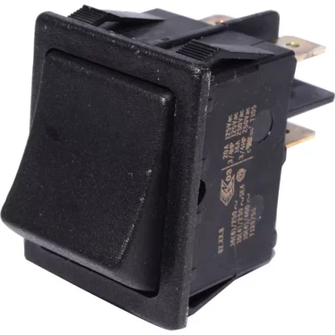 The Fiorenzato A2100038 Pulse Button is a black rectangular rocker switch with a raised button and metal prongs for side electrical connections. Technical specifications are printed on the switchs side. © 2025 1st-line.com