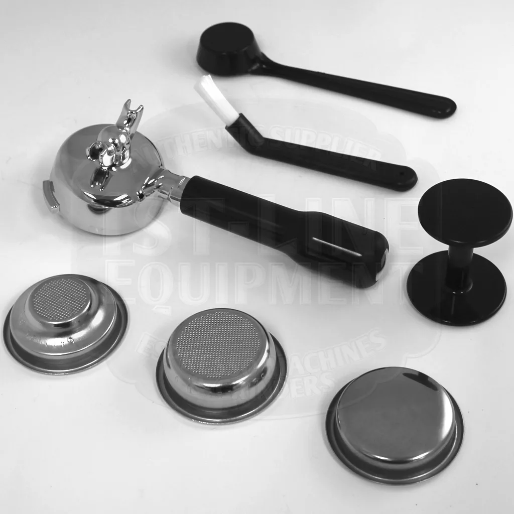 A black-and-white photo shows espresso machine accessories—portafilter with bunny figurine, tamper, brushes, and three metal filter baskets—arranged on a white surface beside the DISCONTINUED Bezzera BZ07 PM Espresso Machine. © 2025 1st-line.com