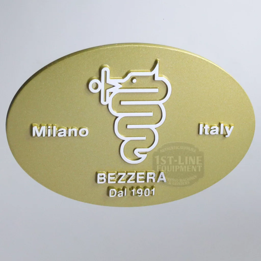 Gold oval emblem featuring a white snake around a cup, Milano and Italy on the sides, BEZZERA Dal 1901 below, symbolizes the Bezzera brand and the DISCONTINUED Bezzera BZ07 DE PID Electronic Espresso Machine. © 2025 1st-line.com