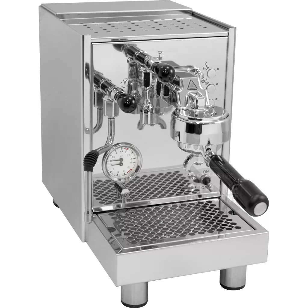 The DISCONTINUED Bezzera BZ07 DE Electronic Espresso Machine, featuring a portafilter, pressure gauge, steam wand, and drip tray in a sleek stainless steel design with reflective surfaces, is displayed on a white background. © 2025 1st-line.com