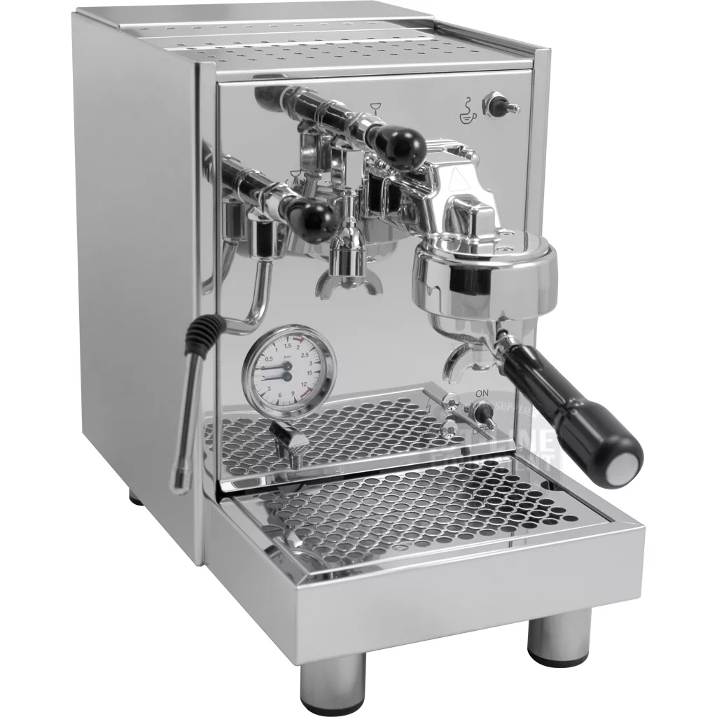 The DISCONTINUED Bezzera BZ07 PM Espresso Machine, a shiny stainless steel model with knobs, a pressure gauge, portafilter, and side steam wand, is displayed on a white background. © 2025 1st-line.com