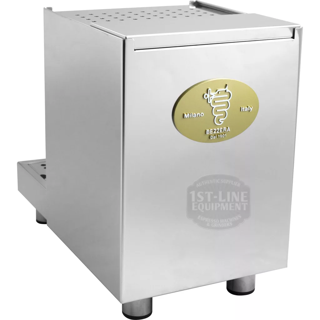 The DISCONTINUED Bezzera BZ07 PM Espresso Machine is a box-shaped, stainless steel model with a gold Milano Italy, Bezzera Dal 1901 oval logo on the side, top vents, and four short legs. © 2025 1st-line.com