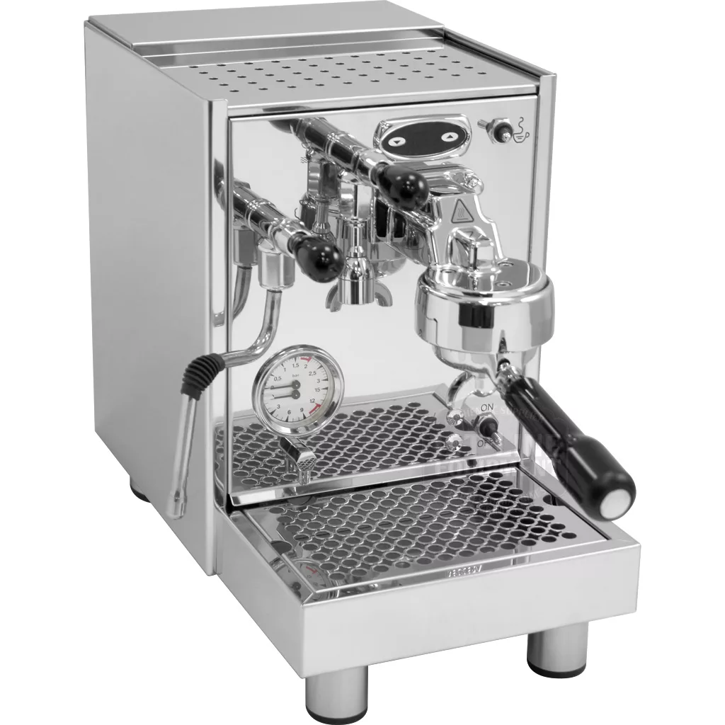 The DISCONTINUED Bezzera BZ07 PM PID Espresso Machine features a portafilter, PID controller, pressure gauge, steam wand, and drip tray. Its polished stainless steel front displays a modern design that reflects quality and style. © 2025 1st-line.com