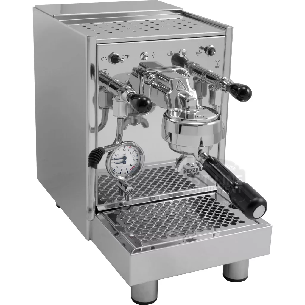 The DISCONTINUED Bezzera BZ10 PM HX Espresso Machine features a stainless steel body, portafilter, steam wand, pressure gauge, and control switches—combining modern design with robust functionality. © 2025 1st-line.com