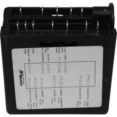A close-up of the Rocket Espresso Biesse Brain Unit - C190004168, 115V - Giotto/Cellini Premium I, with a labeled diagram and top terminals detailing 115V connections, fuses, power, and operational modes. © 2025 1st-line.com