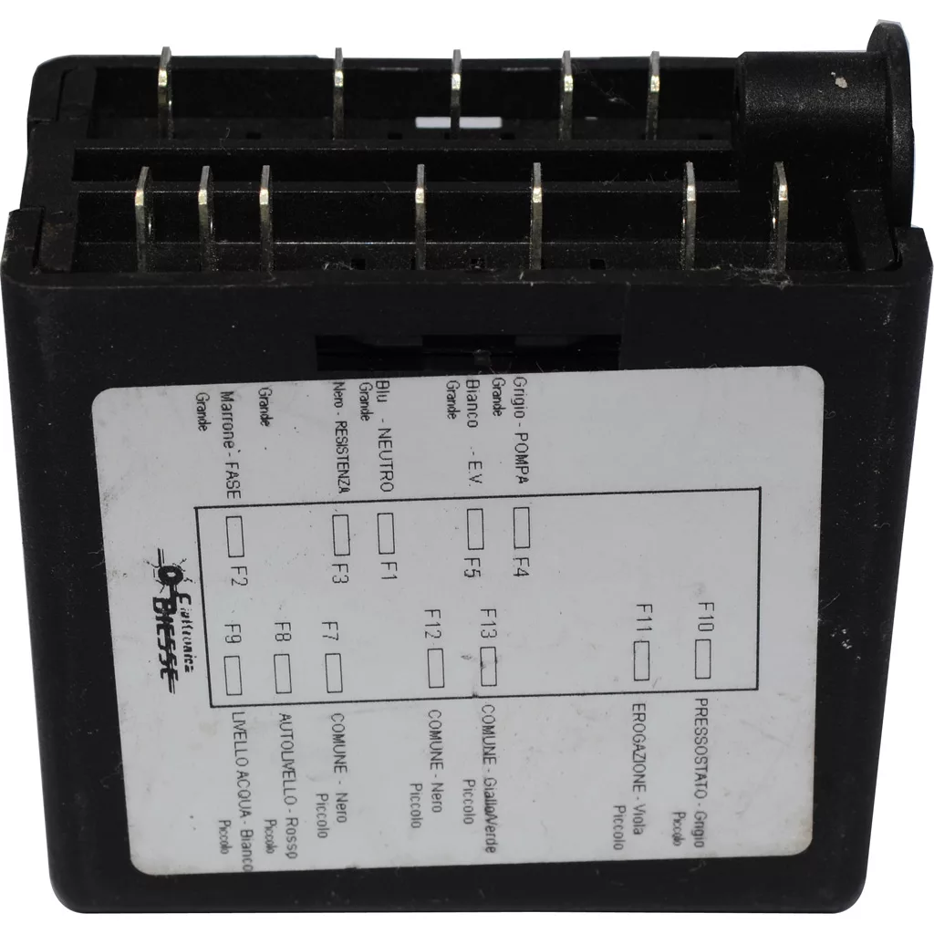 A close-up of the Rocket Espresso Biesse Brain Unit - C190004168, 115V - Giotto/Cellini Premium I, with a labeled diagram and top terminals detailing 115V connections, fuses, power, and operational modes. © 2025 1st-line.com