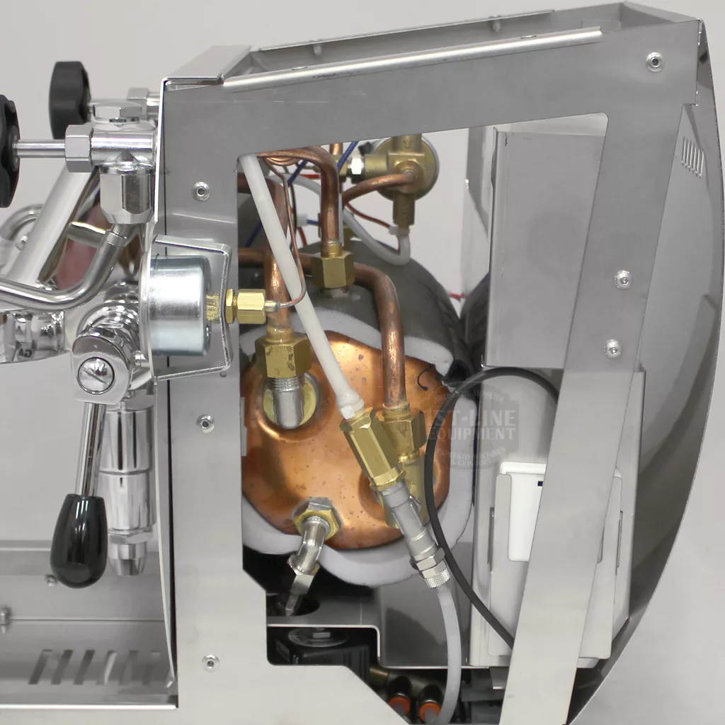 Side view of a DISCONTINUED La Nuova Era Cuadra HX Espresso Machine with the side panel removed, showing internal components such as copper pipes, wiring, and the cylindrical boiler. © 2025 1st-line.com