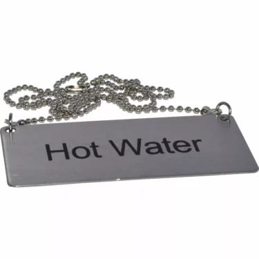 The Update International Hot Water Chain Sign is a rectangular metal tag with Hot Water printed on it, attached to a silver ball chain. © 2025 1st-line.com