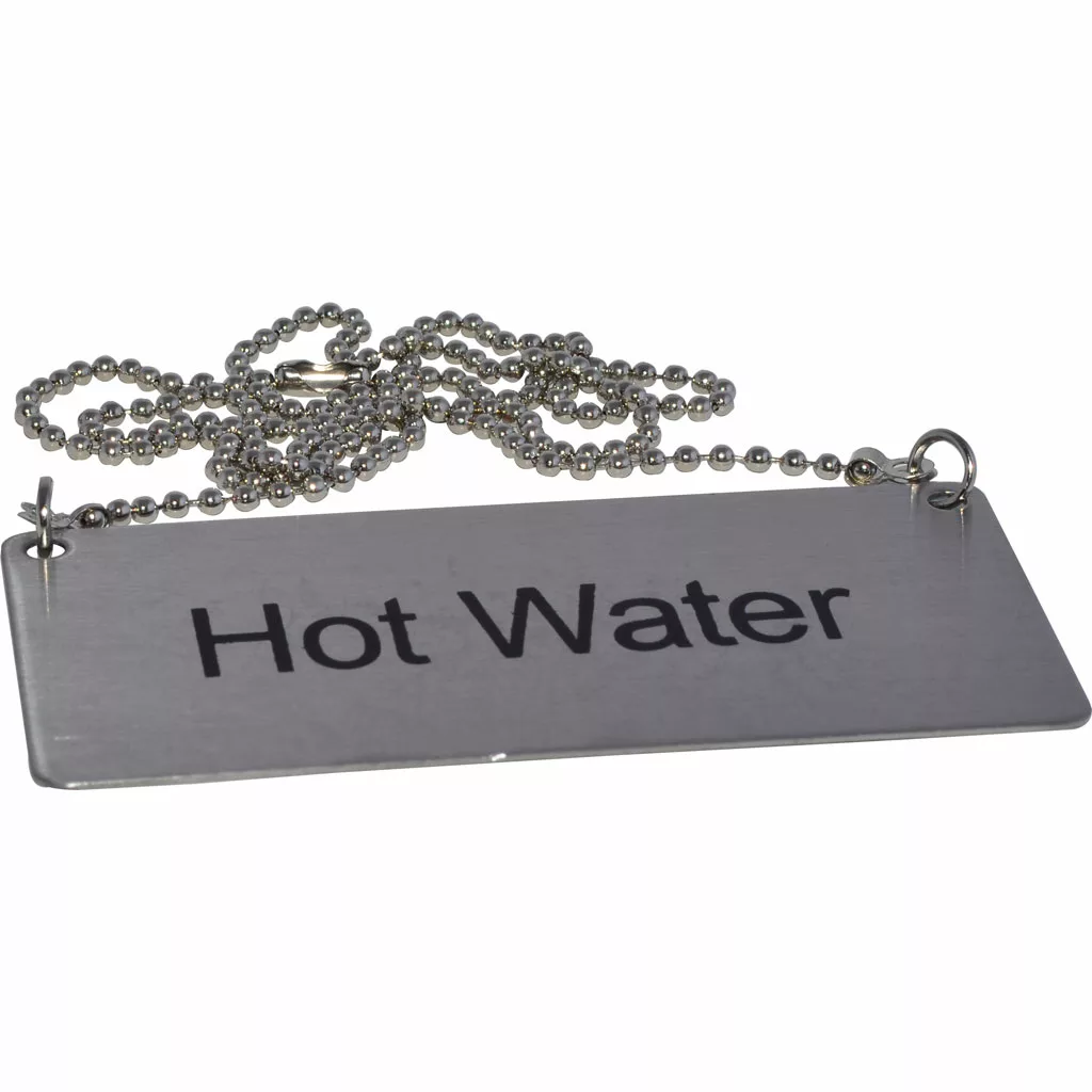 The Update International Hot Water Chain Sign is a rectangular metal tag with Hot Water printed on it, attached to a silver ball chain. © 2025 1st-line.com
